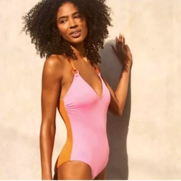 KATE SPADE Swimsuit SZ Small NEW Plunging V-Neck One Piece Orange Surf Pink NWOT - Picture 1 of 16